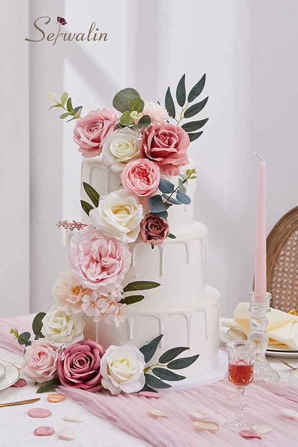 Serwalin Artificial Pink Flowers Spring Roses Silk Fake Flowers for DIY Wedding Bridal Bouquets Cake Flower Baby Shower Table Centerpieces Arrangements Decoration