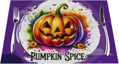 PVC Placemats Set of 6 Wipeable Table Mats Washable Heat Resistant Non Slip Vinyl Dining Table Mat for Kitchen Indoor Outdoor Patio Farmhouse Place Mats Funny Purple Halloween Pumpkin Decorative
