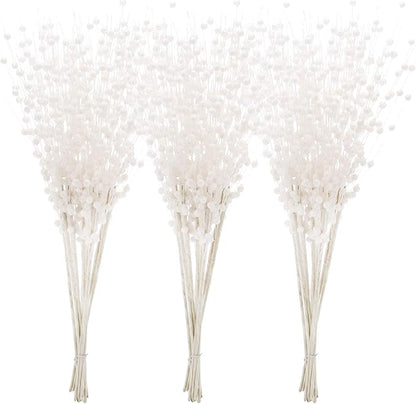 Sea Team 24-Pack Artificial Glitter Berry Stem Ornaments, Decorative Bead Sticks, Glittery Twigs, Picks, Branches for Christmas Tree, Small Vase, Holiday, Wedding, Party (17 Inches, White)