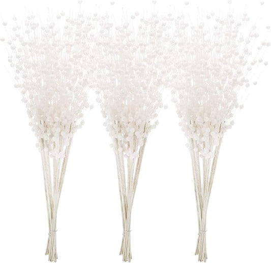 Sea Team 24-Pack Artificial Glitter Berry Stem Ornaments, Decorative Bead Sticks, Glittery Twigs, Picks, Branches for Christmas Tree, Small Vase, Holiday, Wedding, Party (17 Inches, White)