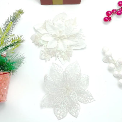 24Pcs Christmas Poinsettia Artificial Flowers and Glitter Berries Kit, 2 Styles Total 16Pcs Christmas Tree Flowers Ornaments, 8Pcs Christmas Tree Picks for Wedding Holiday Decorations, White