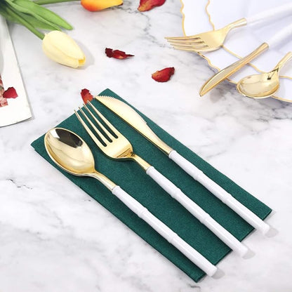 WDF 180Pieces Gold Plastic Silverware-Gold Plastic Cutlery with White Handle-Heavyweight Disposable Flatware-Include 60Forks, 60 Spoons, 60 Knives For Thanksgiving