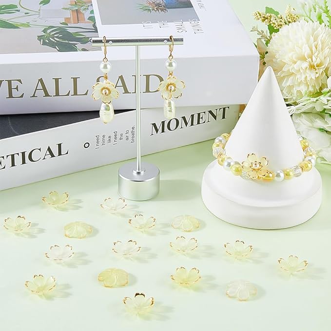 SUNNYCLUE 1 Box 200pcs Bead Caps Flowers Yellow Flower Beads Mini Plastics Light Yellow Orange Golden Plated Cherry Blossom Sakuras Flowers Bead Bulk for Jewelry Making DIY Lanyard Women Crafts