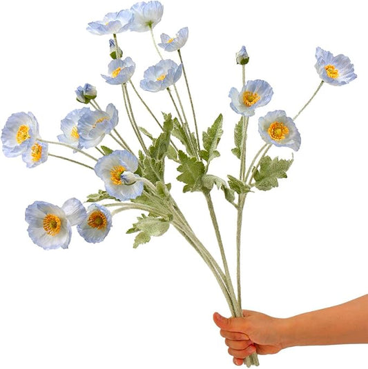 Set of 6 Light Blue Silk Poppy Flowers Artificial with Stems Silk Poppies Bouquet Faux Ranunculus Artificial Flowers for Wedding Party Home Office Indoor Decoration (Light Blue)
