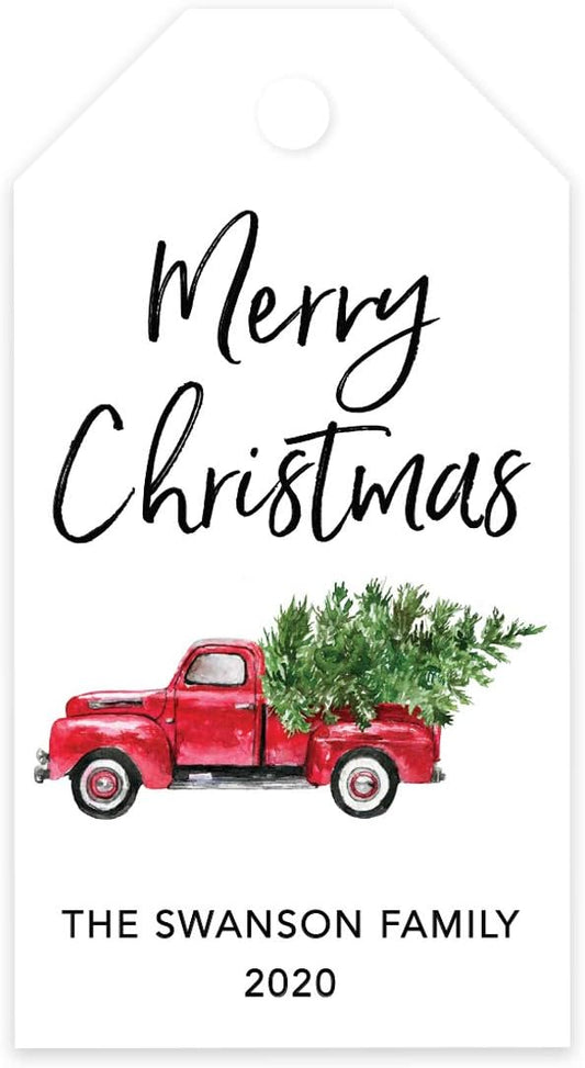 Andaz Press Personalized Christmas Holiday Season Classic Gift Tags, Merry Christmas Custom Family Name and Year, Vintage Truck with Christmas Tree Design, Holiday Events, Parties, Favors, 60-Pack