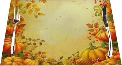 PVC Placemats Set of 6 Wipeable Table Mats Washable Heat Resistant Non Slip Vinyl Dining Table Mat for Kitchen Indoor Outdoor Patio Farmhouse Place Mats Thanksgiving Pumpkin Leaf Decorative