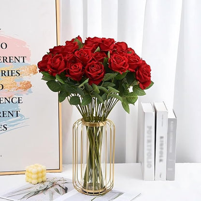 Artificial Roses 12PCS Velvet Rose Real Touch Long Stem Fake Flowers Bulk for Flower Arrangement Wedding Home Party Decor (Red)