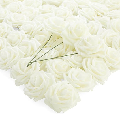 Bright Creations 3" Artificial Rose Flowers 60pcs Real Looking Fake Rose with Stem for DIY Wedding Bouquets and Bridal Shower, Cream