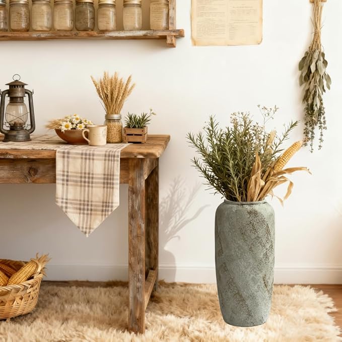 15.7 Inch Rustic Ceramic Tall Floor Vase, Slim Tapered Rustic Farmhouse Vase for Dried Stems & Pampas, Neutral Beige Decorative Vase for Living Room