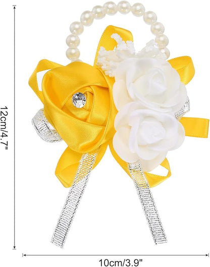MECCANIXITY Wrist Corsage Artificial Flower Bracelets Rose Wrist Bride Groom Decorative for Wedding Ceremony Prom Party Anniversary Gold Tone