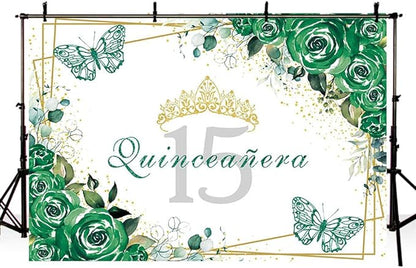 SENDY 8x6ft Quinceañera Backdrop Mis Quince 15 Anos Birthday Party Decorations Supplies for Girl Princess Green Floral Butterfly Gold Crown Photography Background Banner Photo Booth Studio Props