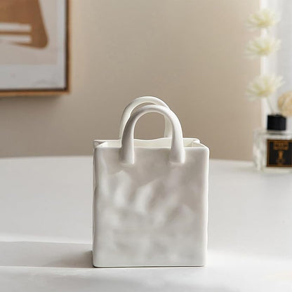 Ceramic Flower Vase - Tote-Shaped Retro Tabletop, Elegant Decorative Vasse with Smooth Glazed Finish | Cute Vintage-Style Ceramic Decor for Living Room, Bedroom & Home Interior Styling