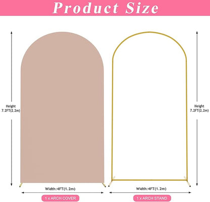 Putros 7.2ft Metal Arch Stand with Cover Nude Pink Spandex Fitted Wedding Arch Cover and Round Top Chiara Backdrop Stand Set for Birthday Party Baby Shower Decoration