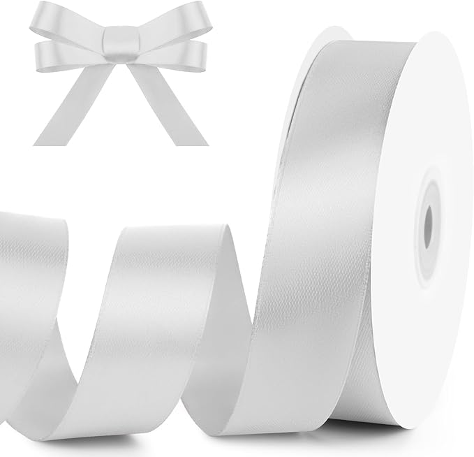 KMER LIFE 1 inch Wide x 50 Yards Polyester Satin Ribbon - Silvery Single Faced, Perfect for Wedding Decor, Wreath, Crafts, Gift Wrapping & Other Projects