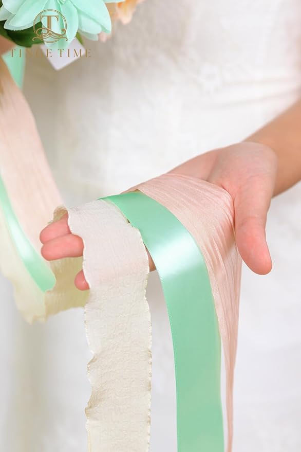 TINGE TIME 13 Inch Wedding Bouquets for Bride,Bridal Bouquet for Bride, Artificial Silk Flowers for Wedding Ceremony and Anniversary (Mint Green & Pink)