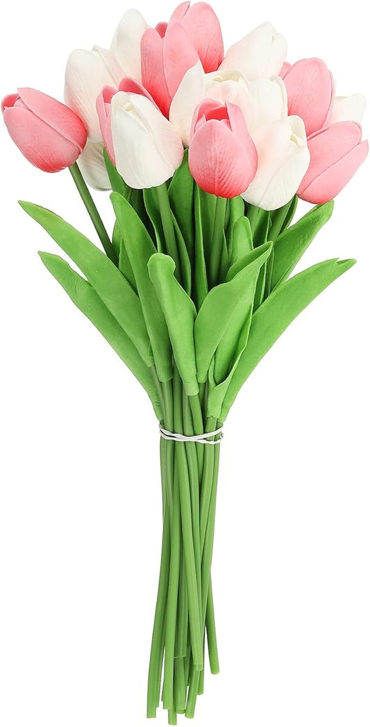uxcell 20pcs Tulips Artificial Flowers, Faux Flowers Silk Fake Tulip Stems Real Touch for Wedding Bouquet Centerpiece Table Party Decoration(Pure White, Rose Pink)
