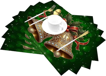 PVC Placemats Set of 6 Wipeable Table Mats Washable Heat Resistant Non Slip Vinyl Dining Table Mat for Kitchen Indoor Outdoor Patio Farmhouse Place Mats Green Christmas Bell Decorative