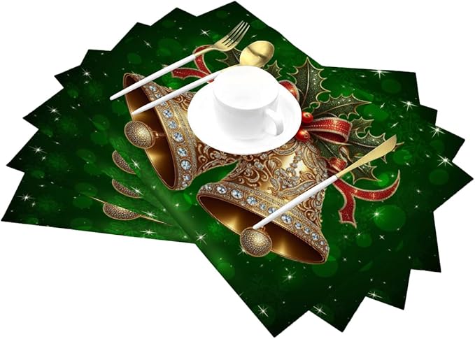 PVC Placemats Set of 4 Wipeable Table Mats Washable Heat Resistant Non Slip Vinyl Dining Table Mat for Kitchen Indoor Outdoor Patio Farmhouse Place Mats Green Christmas Bell Decorative