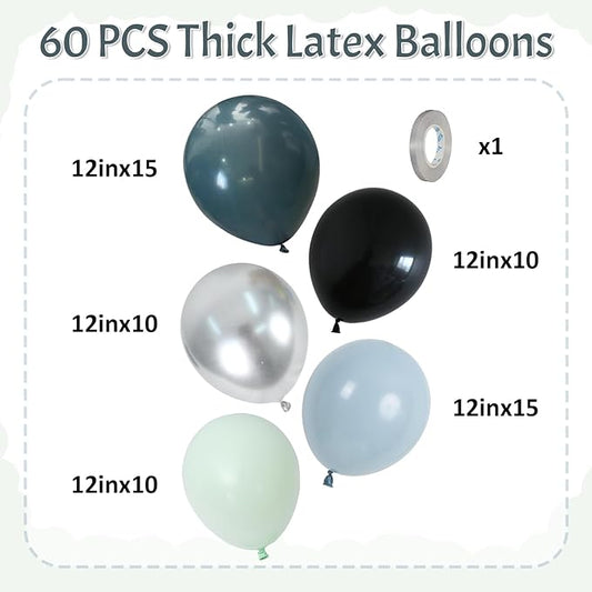 Dusty Blue and Black Balloons 60pcs 12 Inch Race Car Slate Light Pale Blue Green Black Metallic Silver Latex Helium Balloon for Boys Race Car Fast Birthday Safari Baby Shower Party Decorations