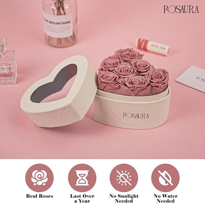 Rosaura Heart-Shaped Preserved Roses Gift Box - Real Forever Flowers for Birthday, Valentine's & Mother's Day (Cappuccino, 7 Roses)