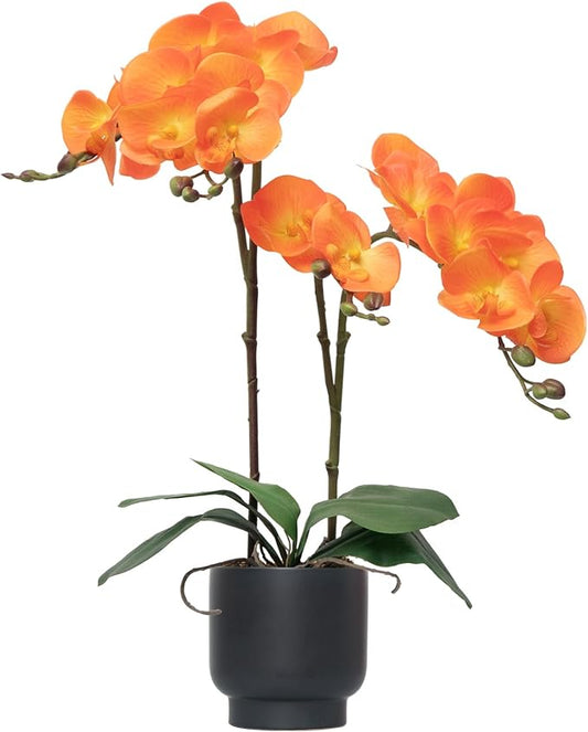 CXGS Orchids Artificial Flowers Real Touch Fake Flowers in Ceramic Pot 20" Orange Faux Orchid Plant Lifelike Silk Phalaenopsis for Centerpiece Hotel Home Indoor Decor