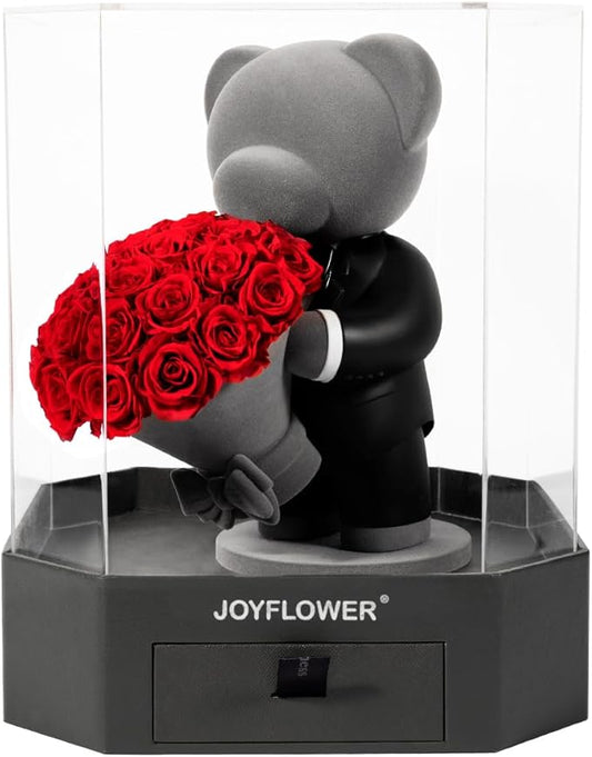 JoyFlower Preserved Flowers with Cute Teddy Bear, Eternal Real Roses Romantic Gift with Acrylic Cover Rose Bear for Girlfriend Wife Her in Valentine's Day, Birthday, Weddings, Anniversaries, Christmas