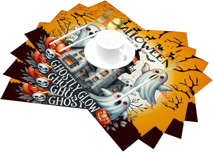 PVC Placemats Set of 6 Wipeable Table Mats Washable Heat Resistant Non Slip Vinyl Dining Table Mat for Kitchen Indoor Outdoor Patio Farmhouse Place Mats Black Halloween Castle Decorative
