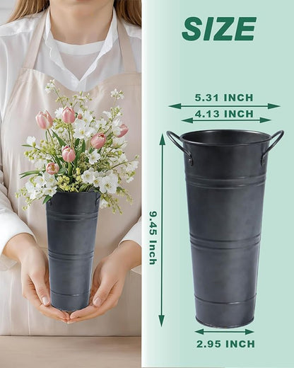 9 Inch Galvanized Metal Vases for Flowers - 2 Pcs Farmhouse Decorative Tall Flower Bucket with Handles, Rustic French Tin Planter Buckets for Wedding Decor (Galvanized Black)