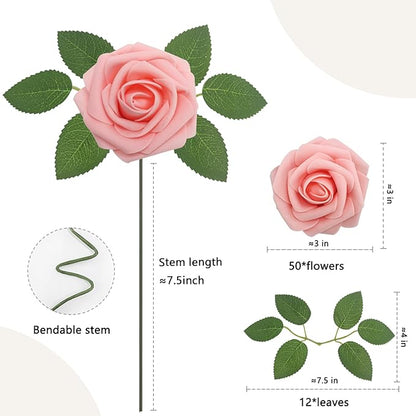 50PCS Pink Artificial Flowers Roses Real Looking Foam Fake Roses with Leaves and for DIY Wedding Bouquets Bridal Shower Centerpieces Party Decorations (Pink, 50)