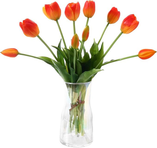 Fake Tulips Artificial Flowers Real Touch Latex Faux Tulips Fake Flowers Bouquet for Table Home Decor Party Wedding Garden Decoration (10pc Orange)