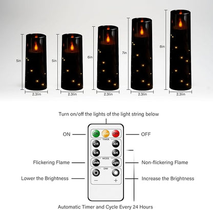 Flameless LED Candles with Timer 5 Pc Flickering Flameless Candles for Romantic Ambiance and Home Decoration Stable Acrylic Shell,with Embedded Star String,Battery Operated Candles（Black）