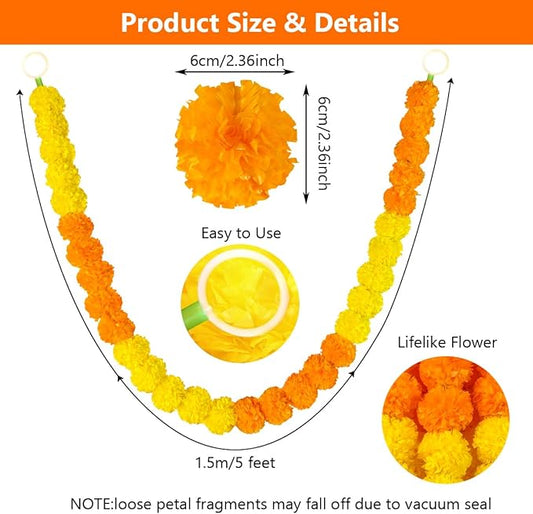5pcs Marigold Garland for Decoration, 5 Feet Artificial Marigold Flowers Diwali Decorations for Home, Yellow and Orange Artificial Marigold Heads for Diwali Party, Indian Weddings, Halloween, Wreath