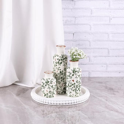 Green Chinoiserie Ceramic Vase Set of 3 – Vintage Green Floral Vases, Decorative Porcelain Vase Set for Flowers, Rustic Farmhouse & Cottage Core Home Decor, Living Room, Shelf & Table Centerpieces