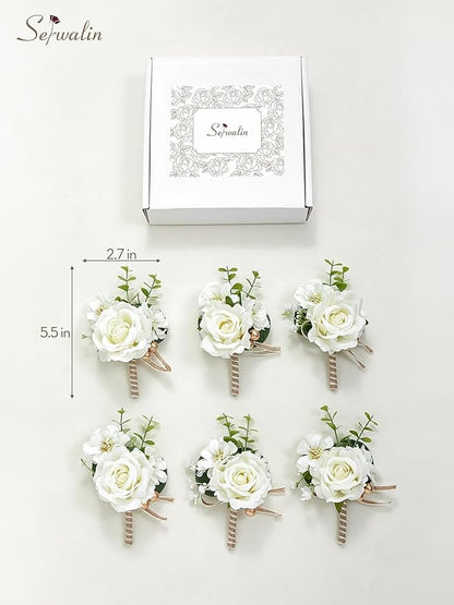 Serwalin 6PCS Ivory Rose Boutonniere for Men Wedding Groom Groomsmen Best Man Artificial Flowers Boutonniere for Wedding Ceremony Anniversary Prom Flowers Formal Dinner Party