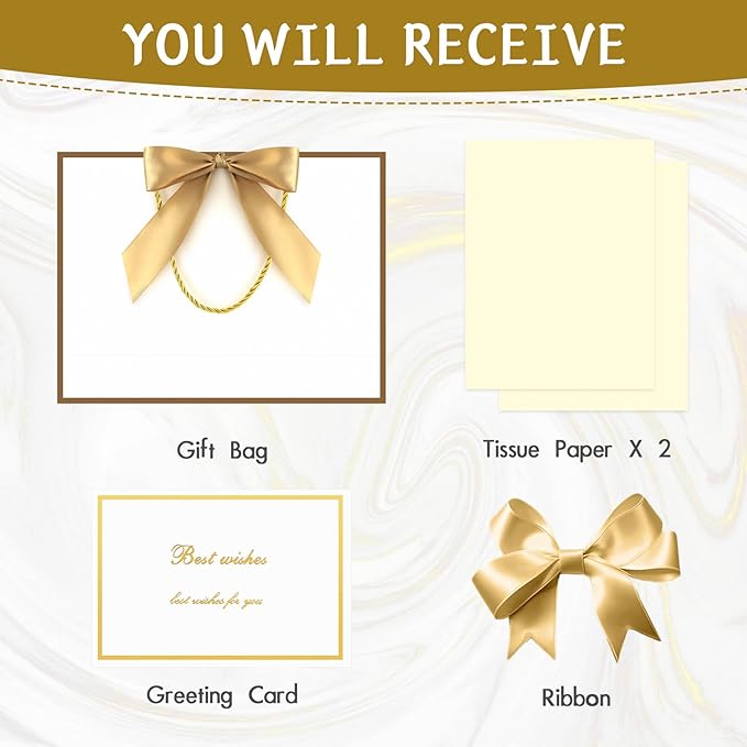 JMANNI Gift Bag, Medium Gift Bags with Tissue Paper, 2Pcs Gift Bags Medium Size with Handle and Bow Ribbon for Any Birthday, Weddings, Mothers Day & Special Occasion 11''x7.87''x4'' (Golden-White)