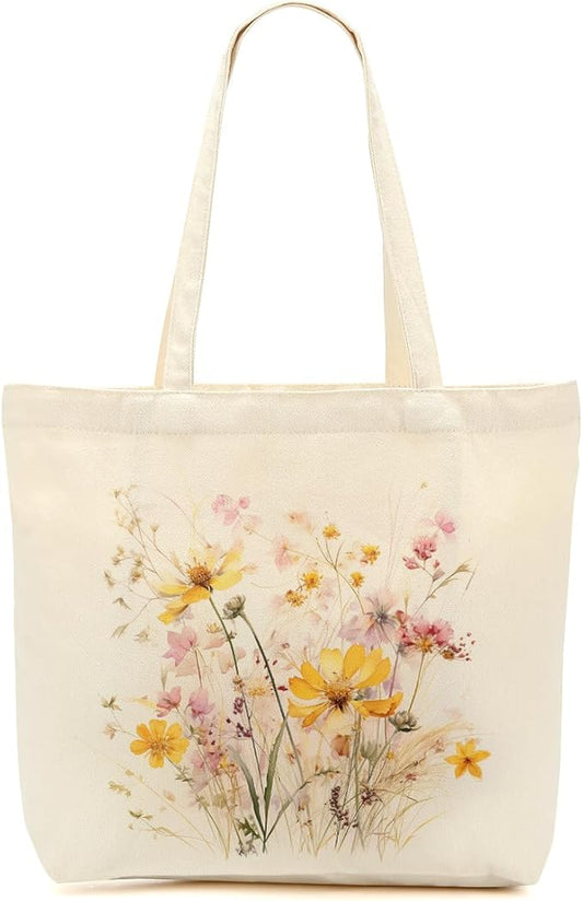 Aesthetic Floral Canvas Tote Bag for Women with Pocket, Tote Bags for Grocery Shopping Travel Christmas Birthday