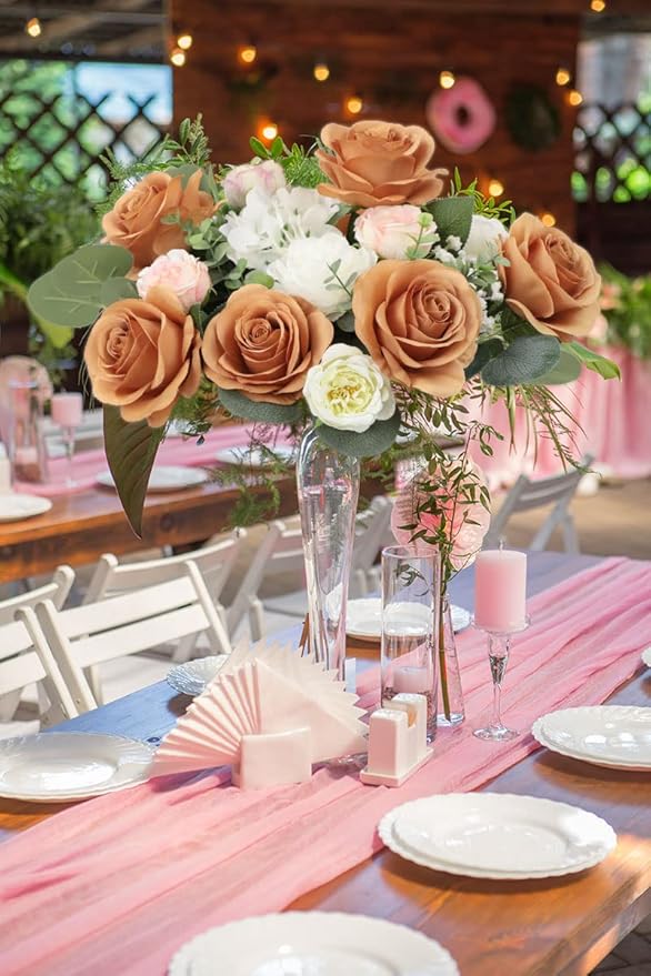 50pcs Roses Artificial Flowers Terracotta Fake Roses Flowers with Long Stems Silk Flowers for Wedding Bouquet Centerpices Decorations Party Bridal Baby Shower Home Decor