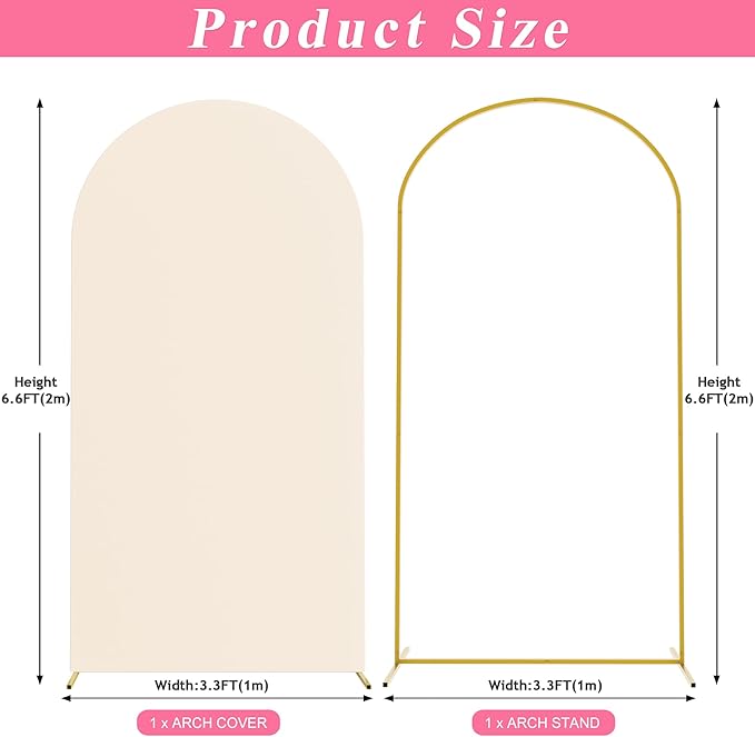 Putros 6.6ft Metal Arch Stand with Cover Beige Spandex Fitted Wedding Arch Cover and Round Top Chiara Backdrop Stand Set for Birthday Party Baby Shower Decoration