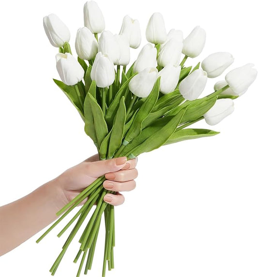 Real Touch Artificial Tulips, 20pcs Fake Tulip Flowers Stem, PU Faux Tulips 13.5” for Mother's Day, Home Decor, Wedding, Easter Valentine's Gift, Table Centerpieces, Floral Arrangements, White
