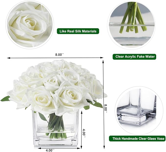 18 Heads Faux Rose Flowers in Vase, Fake Rose Flowers Arrangement in Vase with Fake Water for Dining Table, Wedding Decor (Cream)