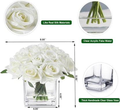 18 Heads Artificial Flowers in Vase with Fake Water, Faux Rose with Vase for Dining Table Bedroom Wedding Decor (Cream)