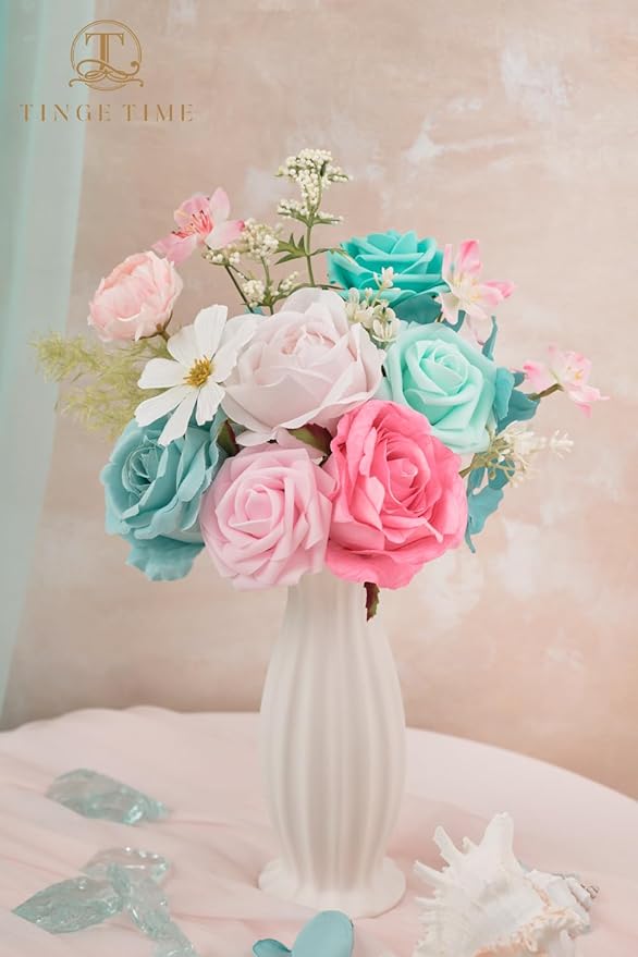 TINGE TIME Artificial Flowers Combo Set Teal Blue & Pink Flowers Mix Silk Flowers Roses with Stem for DIY Wedding Bridal Bouquets Baby Shower Floral Arrangement Table Centerpieces Home Decorations
