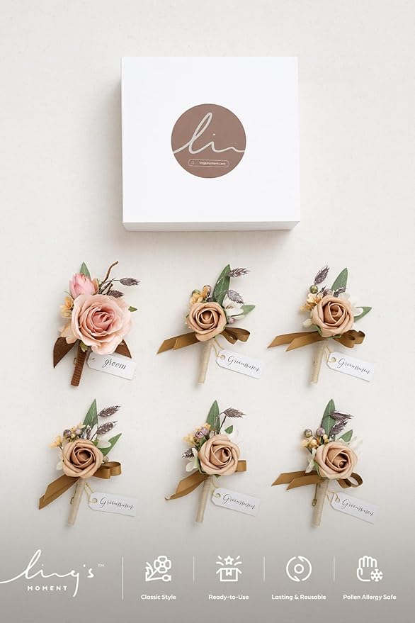 Ling's moment Boutonniere for Men, 6pcs Groom Groomsmen Boutonniere, Artificial Flowers for Wedding Decor/Prom/Homecoming, etc.Shabby Pink Dusty Rose