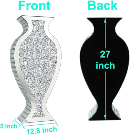 Tall Floor Vase S Crushed Diamond Mirrored Vase 27” Tall, Crystal Silver Glass Decorative Mirror Large Vase Luxury for Home Decor Flower Arrangement Can’t Hold Water.