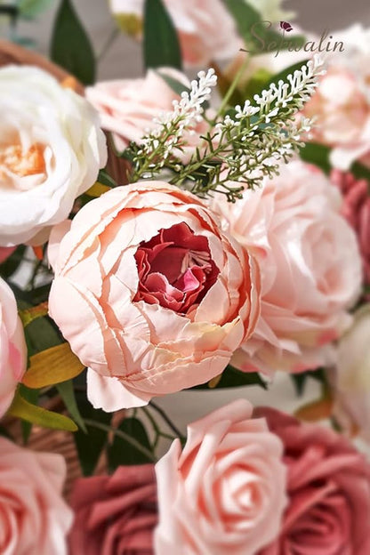 Serwalin 2PCS Artificial Flowers Pink Peonies Silk Flowers Fake Flowers Mixed Roses Combo Dusty Roses for DIY Wedding Bouquets Centerpieces Arrangements for Home Party Table Decor