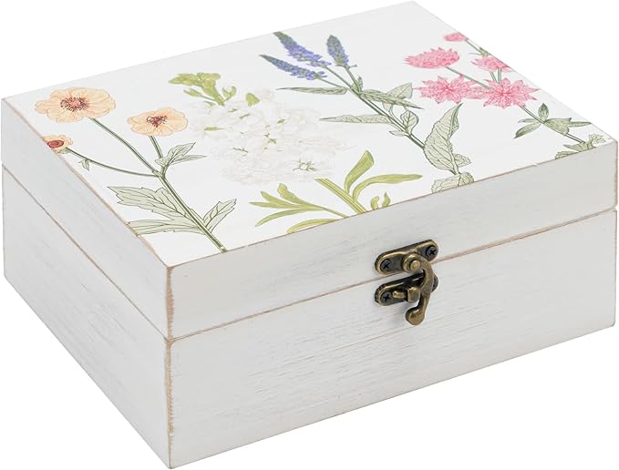 Small Decorative Box with Hinged Lid Wooden Handmade Keepsake Storage Box Floral Printed Jewelry Box Rustic Trinket Box - 7.9 x 6.5 x 3.4 Inches