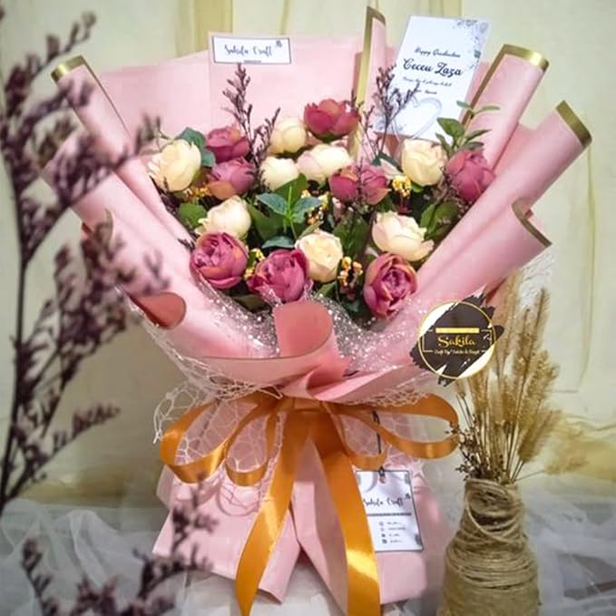WRAPAHOLIC 20 Sheets Flower Wrapping Paper - 22.4 x 22.4 inch Pastel Pink with Gold Edge Water-Resistant Floral Bouquet Wrapping Paper, Florist Supplies Packaging Paper for Wedding Birthday Gift DIY