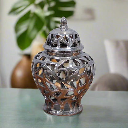 Urban Trends 21285 Ceramic Urn Vase with Cutout Triangle Design, Silver
