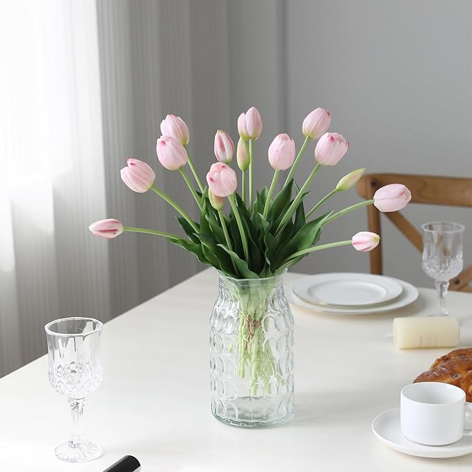 15 Pcs Light Pink Artificial Flowers Tulips Real Touch Latex Plastic Soft Faux Bouquets for Party, Wedding, Home, Room, Garden Decor