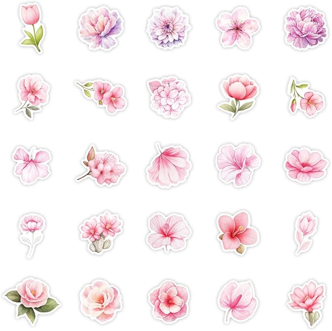 Watercolor Flowers Stickers for Teens Boy Girls|50 Pcs|Pink Vinyl Waterproof Stickers for Laptop Computer Phone Tablet Luggage Flasks Notebook Water Bottle Scrapbook,Cartoon Decals Pack(Flowers)